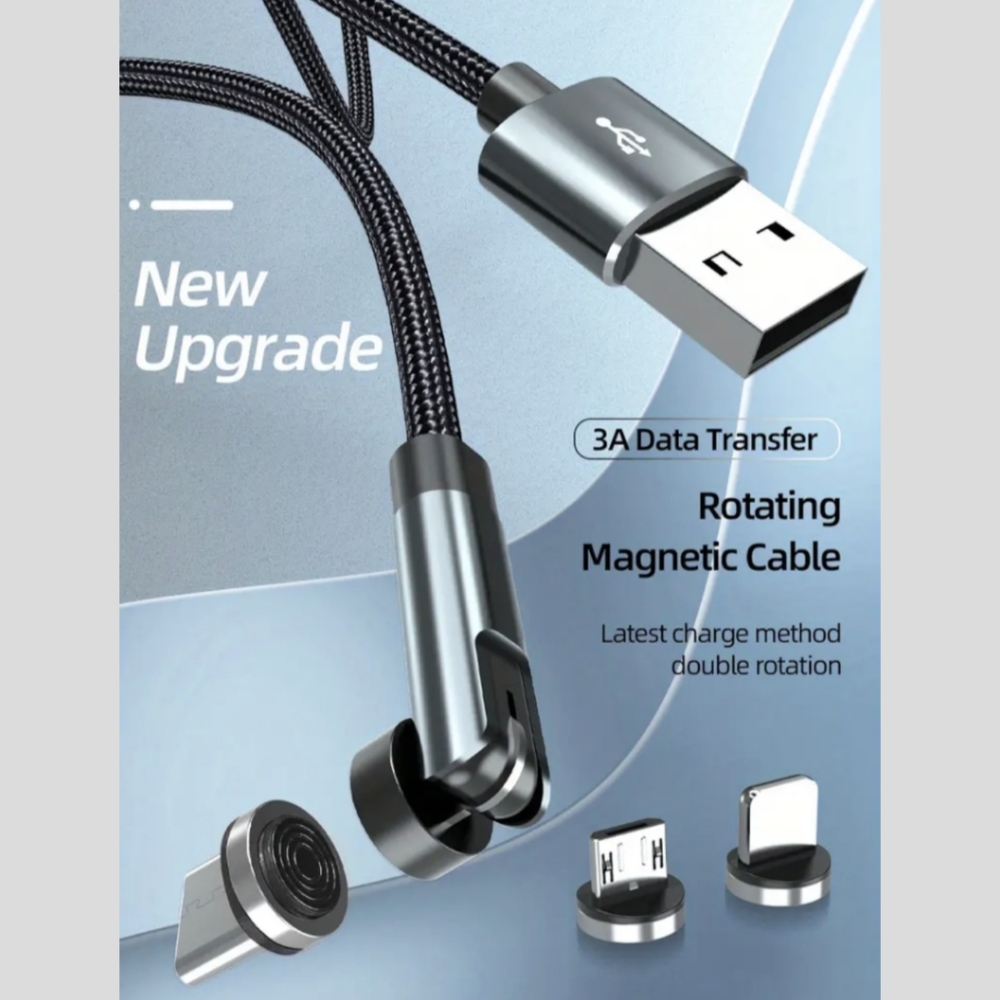 1x Black Magnetic Charging / Data Cable with 3x Charger Heads 540° Rotation